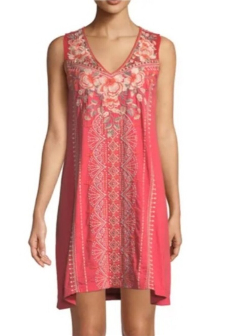 Johnny Was Calida Sleeveless Embroidered Floral Tank Dress Cotton Pink Orange XS